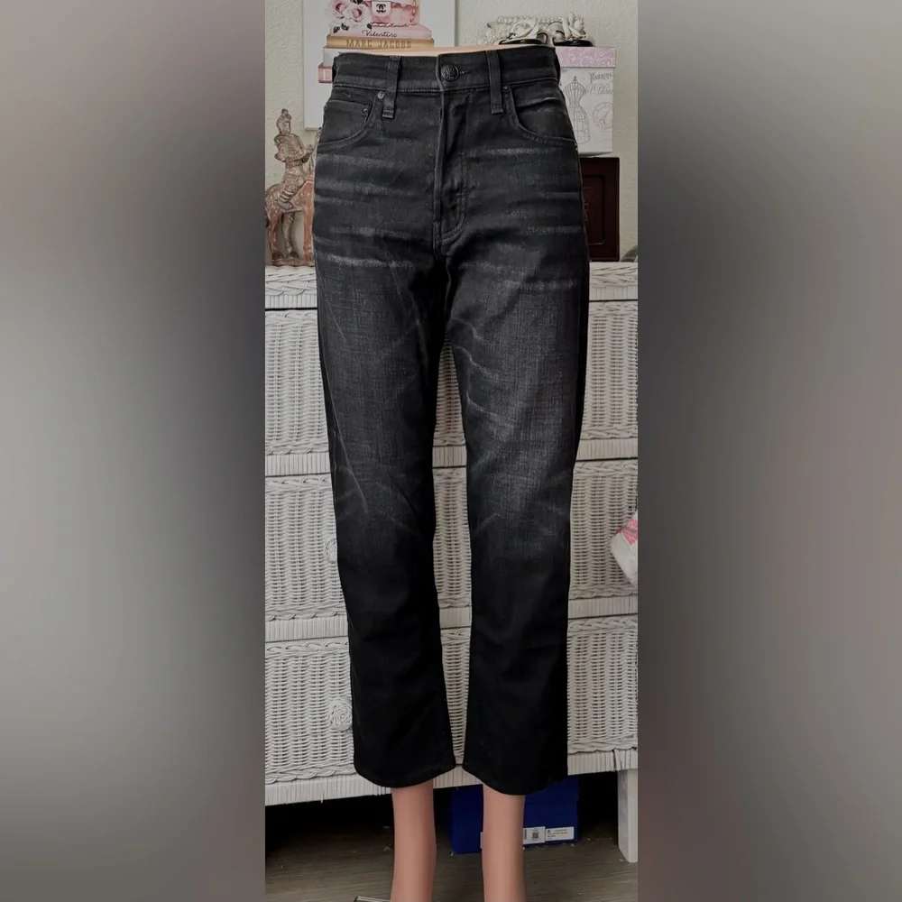 Rag & Bone Jeans Maya High Rise Ankle Slim Worn Black Cotton Whiskered Size 27
